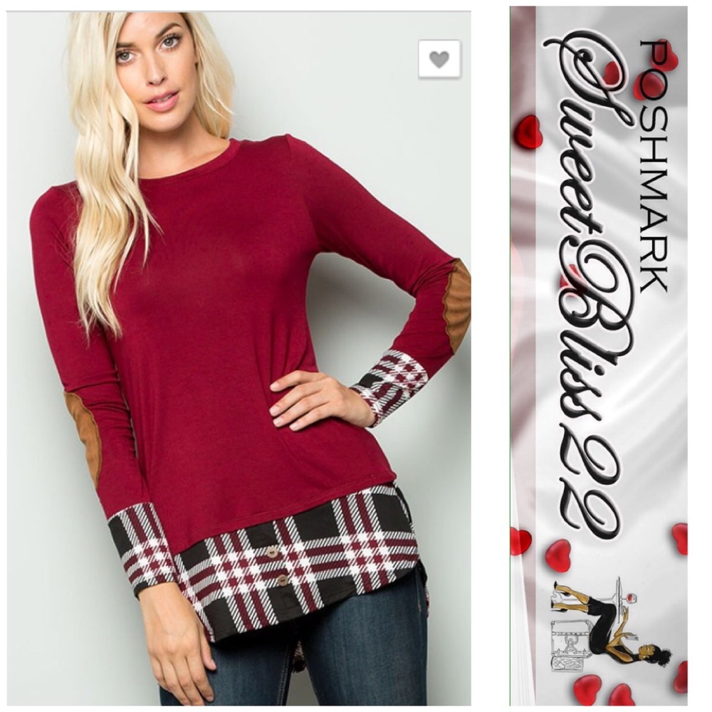 💄Wine Top with Faux Suede Sleeve Patch💄